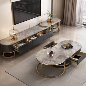 Meuble TV et table basse combinés, luxe moderne, salon, long meuble de rangement au sol - Product Image 5