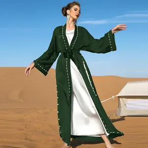 Fashion Plain Dubai Fabric hot drill Islamic Saudi Arabic Women Ladies Muslim Black Abaya Open Long Sleeve Maxi Dress Clothing