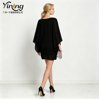 Fabricant de vêtements chinois, robe de soirée personnalisée pour femmes, en mousseline de soie noire, décontractée, mini, col en V profond, coupe ample, drapée, manches chauve-souris longues