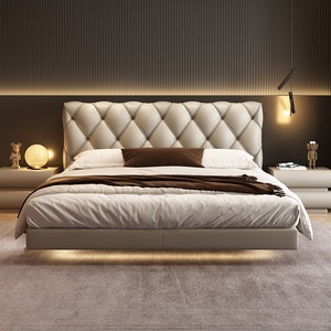 <span class=keywords><strong>Lit</strong></span> flottant de luxe moderne avec éclairage LED, capitonné en diamant, cadre en cuir noir taille King - Product Image 4