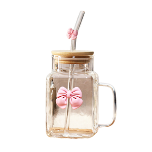 Bicchiere in Vetro Trasparente a Forma di Farfalla Ecologico Best Seller Carino per Caffè con Cannuccia e Coperchio in Bambù - Product Image 5