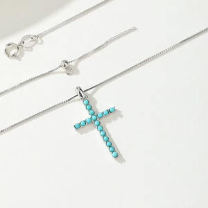 Factory Price Simple Turquoise Cross <b>Necklace</b> Classic Link Chain Silver Plated S925 Silver Jewelry for Gift - Product Image 1