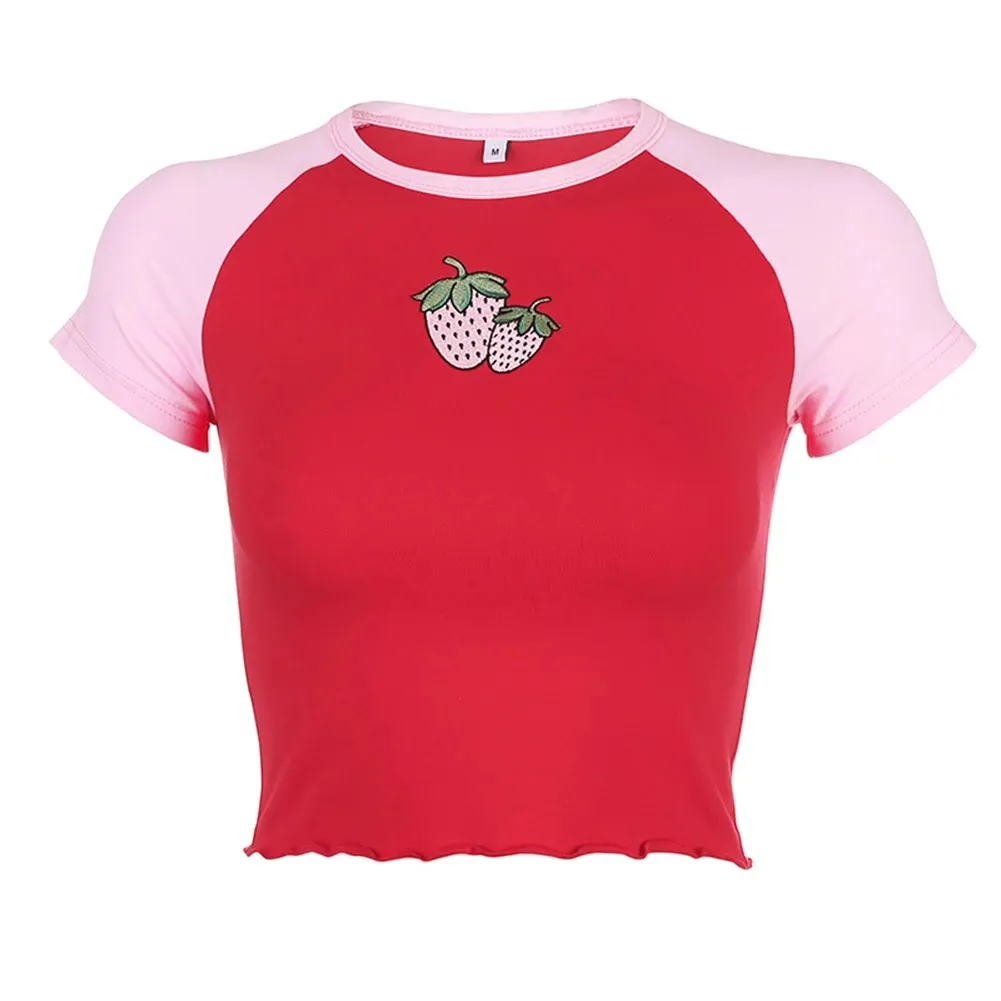 Kaus Bordir Stroberi Wanita Musim Panas, Kaus Tank Top Crop Lengan Pendek Katun untuk Remaja Perempuan Streetwear