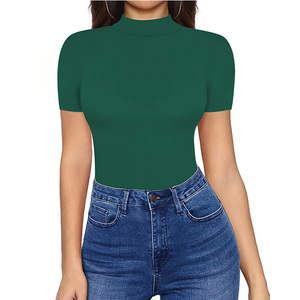 Camiseta de algodón Modal de alta calidad para <span class=keywords><strong>mujer</strong></span>, <span class=keywords><strong>camisetas</strong></span> con cuello simulado, <span class=keywords><strong>camisetas</strong></span> de punto acanalado de Color puro - Product Image 4