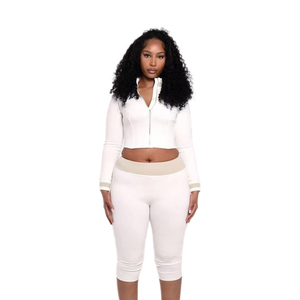 Ensemble deux pièces pour femmes KY, veste à manches longues et pantalon capri, tissu extensible, design de couleur contrastée, logo personnalisé, <span class=keywords><strong>tenue</strong></span> d'<span class=keywords><strong>automne</strong></span> - Product Image 1