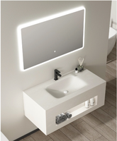 Meuble de salle de bain mural de luxe en pierre artificielle, motif marbre, avec vasque intégrée, miroir LED à capteur et rangement