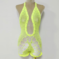 Combinaison une pièce en résille couleur unie pour femme, ornée de strass, style exotique, col licou, bas de corps sexy en soie, tenue de strip-teaseuse