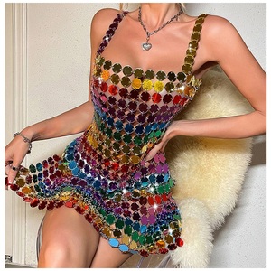 slim fit dress slacks MissJophiel Tie Straps Corset Rainbow Sequin Dress with Slit Rainbow Seequin / Tea Length / US30W main image 1