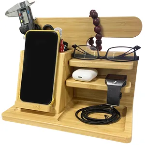 Multiple Devices Wooden Desk Organizer With 15W Fast Charging Chery Wood Mobile Phones Station Wireless Charger