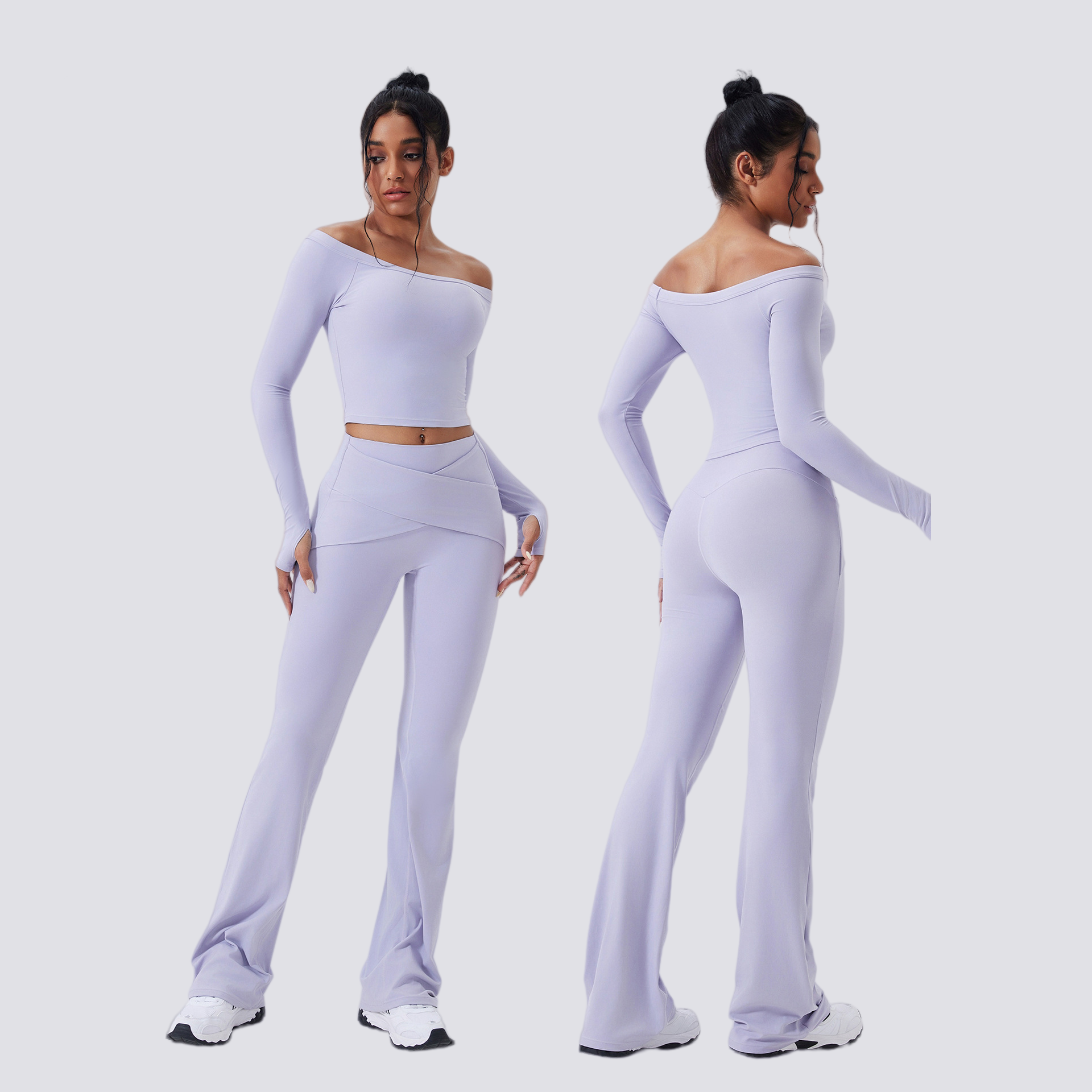 Women Off Shoulder Long Sleeve Sports Bra High Waist Nude Feel Quick Dry Stretch Yoga Set Running Gym Fitness Workout Suit