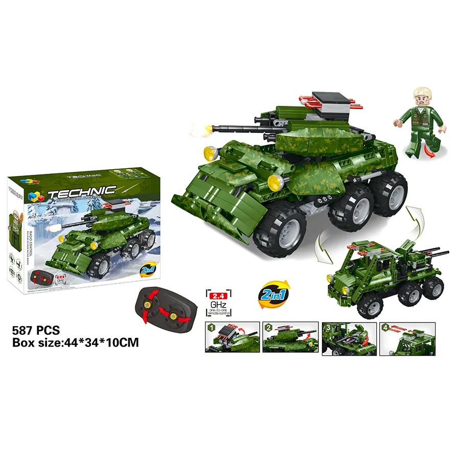 587PCS Plastic 2.4GHZ RC Electronic Army Building Blocks Toy Vehicle Models Car Toys Army Tank 2 1でWith USB Charging Line