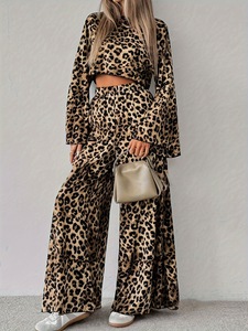 Completo Casual da Donna Due Pezzi con Stampa Leopardata, Top a Maniche Lunghe e Pantaloni, Stile Europeo Comodo per Primavera - Product Image 4
