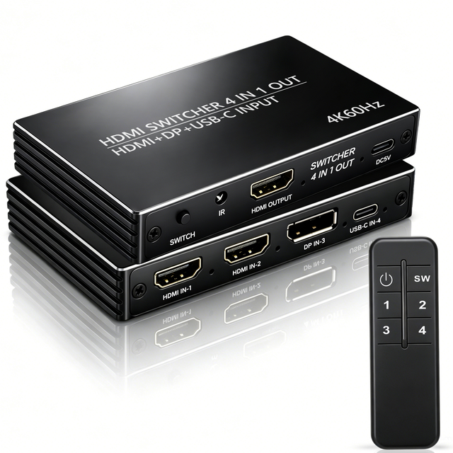 Xput 4 in 1 Out Video Switcher 2 HDMI 1 DP 1 USB C Input 4K 60Hz HDMI Output Switch Box IR Receiver DC5V Power Supply for PC
