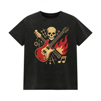 Vintage Washed Black Skull Electric Guitar Print T-Shirt, Retro Rock Punk Music Graphic Tee für Herren