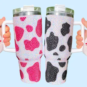 Chocolate Milk Cowprint 40oz tumbler Cow print rhinestone tumbler with straw Svacuum insulated crystal tudded Cup with straw