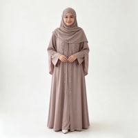 Ensemble Abaya Mauve pour Femme avec Franges de Perles, Tenue Modeste, Vêtements Musulmans Islamiques, Longueur au Sol