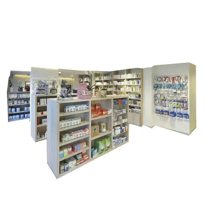 Modern pharmacy medical store interior layout decoration design custom cash register display shelf furniture
