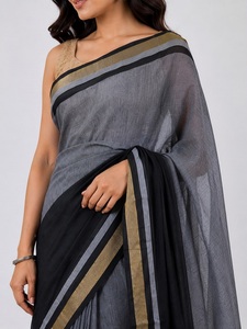 Sari de Algodón Gris y Negro de Diseño con Borde Tradicional con Patrón Zari, Tela de Algodón Suave y Ligera, y Caída Cómoda - Product Image 1