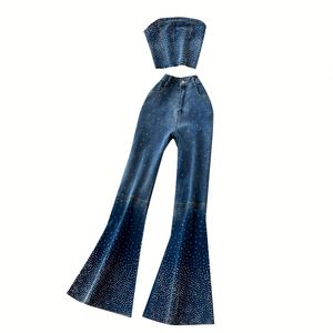 Ensemble 2 pièces d'été pour femme : Haut bustier vintage uni en tissu tissé et pantalon en jean taille haute, respirant et infroissable - Product Image 5