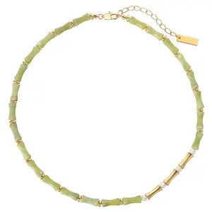 Original Design High Grade Natural Green Jade Stone Bamboo Bead Pearl Necklace Women Jewelry Customized