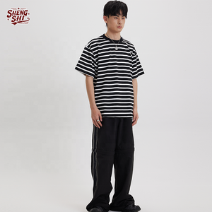 T-shirt unisexe en toile rayée de 250 g, faible MOQ, ODM, pur coton, 300 g, rayures larges, col rond, coupe ajustée, tendance pour le sport - Product Image 1