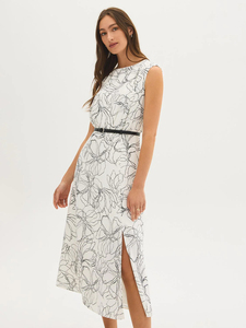 Women's Elegant White Black Abstract Floral Line Art Boat Neck Sleeveless Belted A-Line Midi Dress Formal Office Daily Wear - Product Image 2