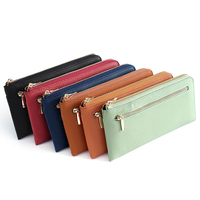 Dompet Panjang Wanita Resleting Kulit Sapi Asli Tekstur Litchi, Banyak Slot Kartu, RFID Blocking, Kantong Koin, Custom OEM Pabrik