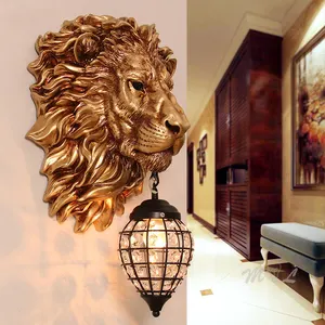 אירופאי רטרו קיר + מנורות שרף האריה אמנות דקו לסלון קיר פמוט Creative לצד קיר מנורת שינה אור גופי E27