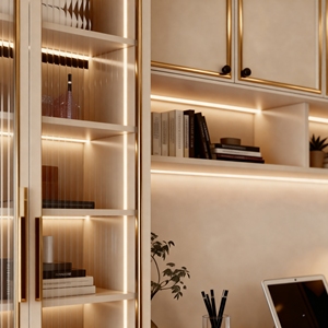 Libreria in Legno Moderna ed Ecologica con Finiture Dorate, Salvaspazio per Camera da Letto, Appartamento, Ufficio e Soggiorno - Product Image 4