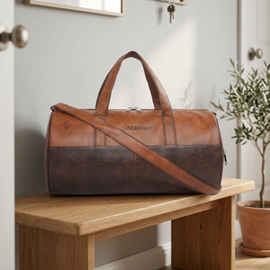 Bolsa de Lona Vintage de Cuero Genuino en Forma de Barril con Cierre de Cremallera, Asa Única, Unisex, para Gimnasio, con Correa para Hombro y Logotipo - Product Image 1