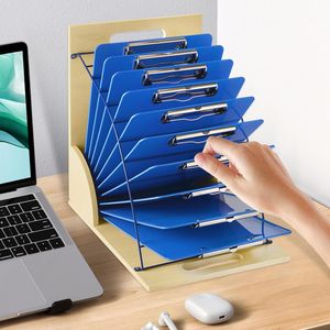 Wooden Document <b>Organizer</b> With Blue Clipboards 8 Tier Standing Desk <b>File</b> Holder For Office Home Use - Product Image 1