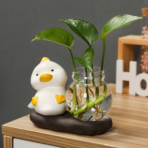 Porte-plantes en céramique en forme de canard mignon, vase hydroponique rond en verre, ornement décoratif pour salon, bureau - Product Image 5