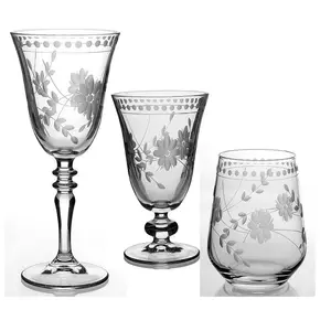 Factory Hot Sale Luxury Engraved Stemless Wine Glasses Custom Vintage Wine Glasses Hand Cut Vintage Etched Wine Water Goblet