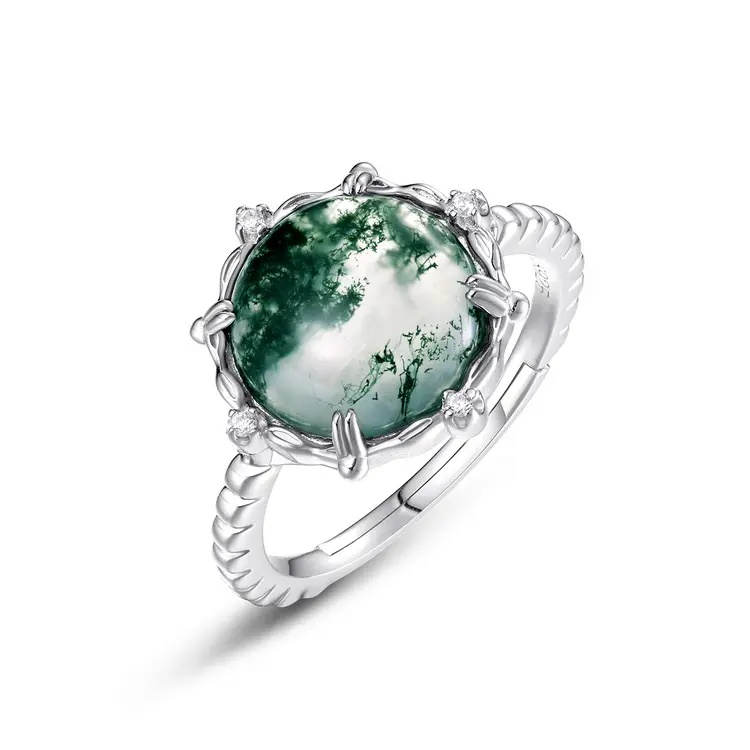 925 Silver Gemstone Men Ring Luxury Big Gemstone Ring with Natural Moss Agate Retro Jewelry Wholesale Price