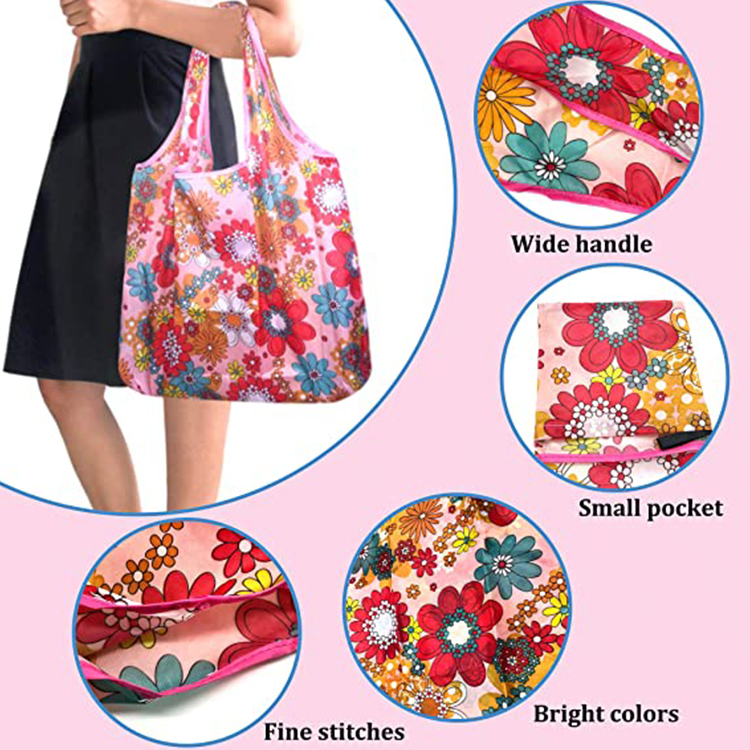 Cute Flower Durable Shopping Totes Fashion Washable Foldable Bag with Pouch