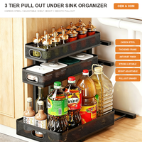 Organisateur de rangement coulissant à 3 niveaux en métal, réglable en hauteur, pour sous évier, armoire de cuisine, salle de bain, garde-manger - Vente en gros