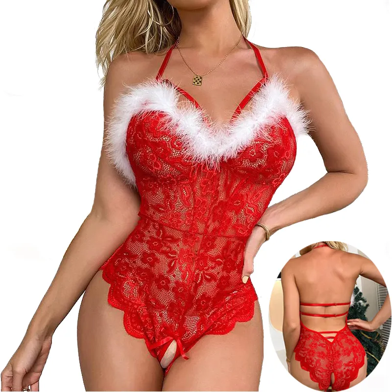 2022 plus size Women One Piece Babydoll Santa Christmas Sexy onesie Costume Femme Transparent Erotic Lace Bodysuits Lingerie Set