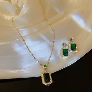 Fashion Earrings Necklace Set Crystal Wedding Alloy Jewelry Set Green for Women Vintage Party Jewelry Sets 925 Sterling Silver
