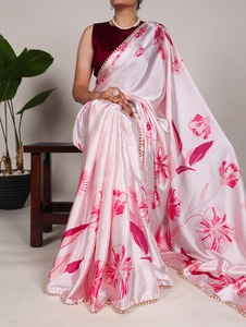 Sari en soie satinée japonaise rose élégant avec bordure perlée, pour femmes, pour mariage et soirée, style traditionnel Inde-Pakistan - Product Image 5