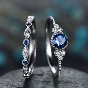 แหวนแฟชั่นผู้หญิง บลูเซอร์คอน ไมโครเพฟ โทนสีเงิน เครื่องประดับหมั้น - Product Image 1