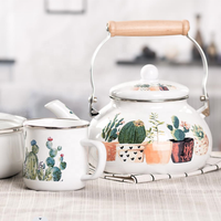 Fabricant d'articles en émail WUJO Poêle à feu ouvert Tasses en émail Théière Bouilloire avec poignée en bois pour le thé et le café