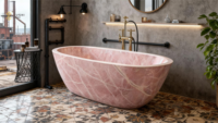 YUSHI Design moderne marbre rose pierre naturelle baignoire autoportante fonction de trempage avec égouttoir pour hôtels et salle de bain de luxe