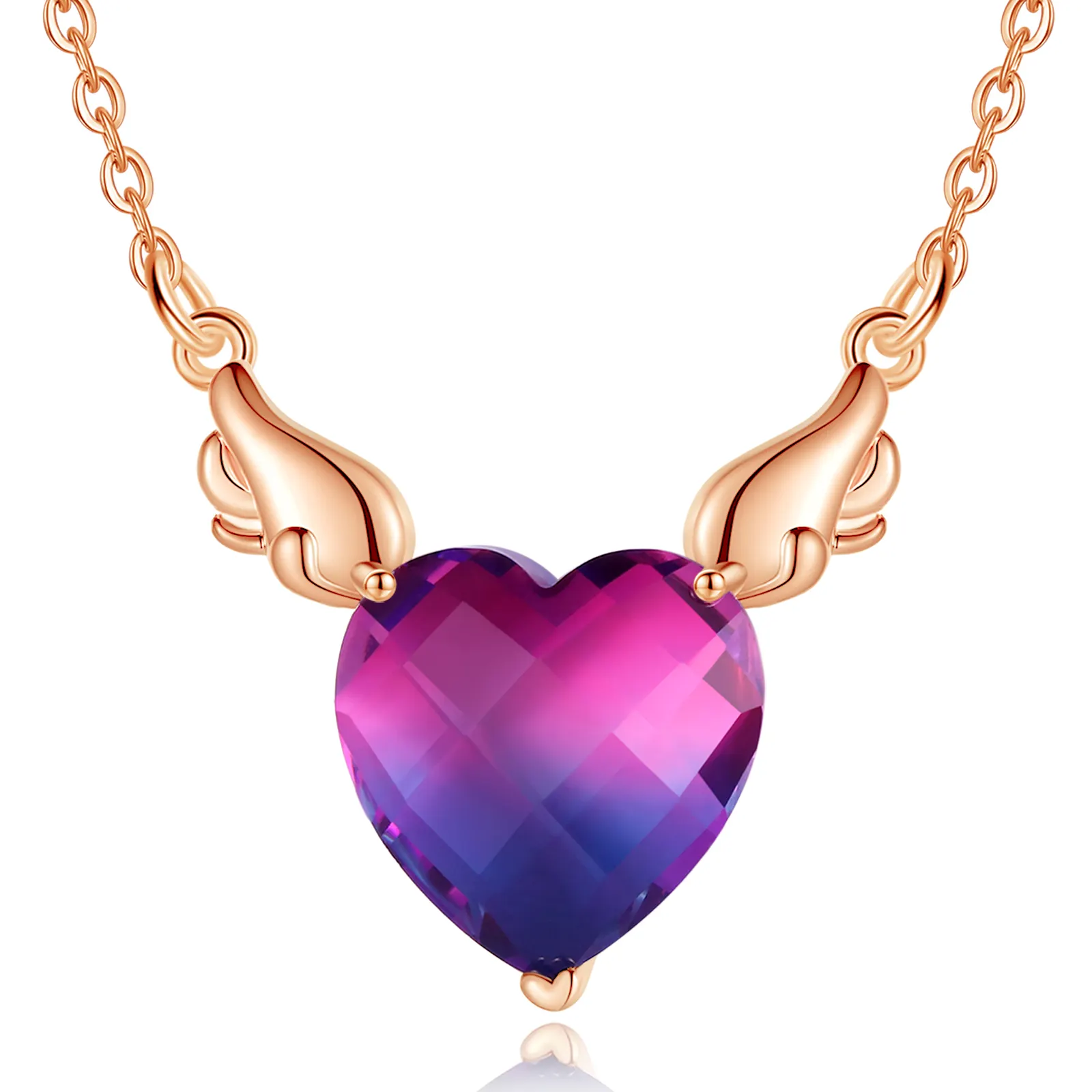 Merryshine Rose gold plated copper angel wing love heart shape blue crystal pendant necklace