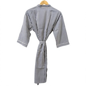 Bata de algodón a rayas para mujer, manga tres cuartos, cuello vuelto, largo completo, estilo kimono, vestido suave informal para primavera - Product Image 1