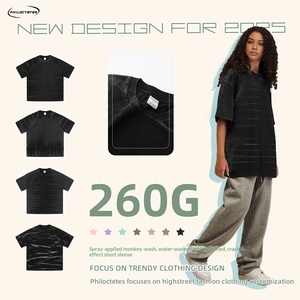 Camiseta de algodón de 260 g con efecto Monkey Wash, transpirable, que absorbe la humedad, de manga corta, corte holgado, estilo Hip <span class=keywords><strong>Hop</strong></span>, para parejas, con hombros caídos. - Product Image 4