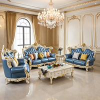 Ensemble de canapés modulaires personnalisables en cuir véritable sculpté en bois massif de style européen, pour salon rétro de villa haut de gamme de style américain