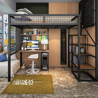 Lit superposé double moderne avec bureau intégré, design en acier métallique pour chambre d'étudiant, dortoir, style panneau en bois, adultes