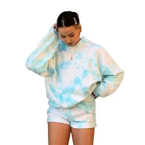 KY Tracksuits for Women 2023 Tie Dye Suits Matching Long Sleeve Oversized Fit Hoodie Workout Matching Ladies Shorts and Top Set