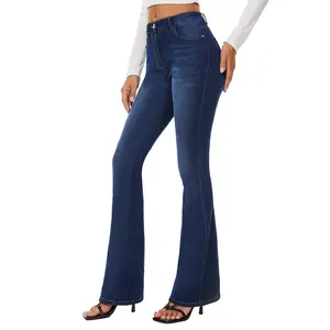 Donkerblauwe Aap Wash Stretchy Hoge Taille Bell Bottom Jeans Voor Vrouwen Aangepaste Ademende Denim Flare Broek