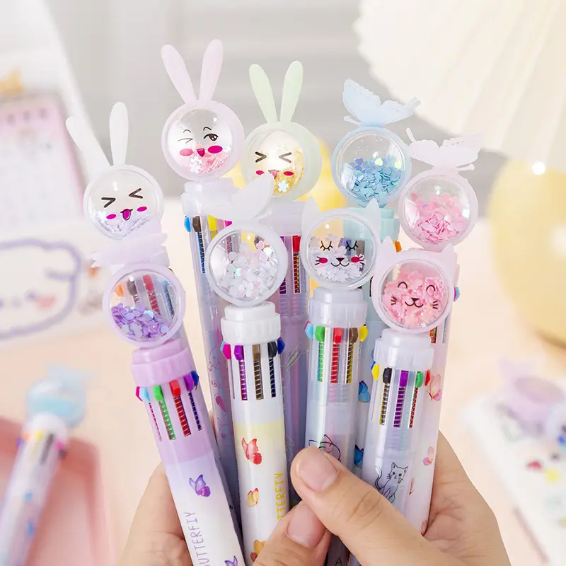 10 In 1 Veelkleurige Pen Kawaii 10 Kleur Balpennen Cartoon Vlinder Plastic Balpen Met Bling Hart Glitter Paillette